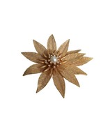 Vintage Floral Gold Pearl &amp; clear stones Jewelry Brooch Pin Estate Find - $15.99