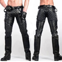 MENS LEATHER JEANS PADDED PUNK BIKER BREECHES PANTS TROUSERS 64 FN BLUF ... - $122.16+