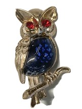 Vintage Silvertone Owl Brooch, Pin with Blue Cabochon, Red Rhinestones - $6.64