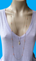 Orange Blue Bead Layered Gold Tone Chain Seashell Pendant Necklace Beach Ocean - £8.67 GBP