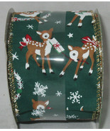 Christmas Indoor Very Merry Holiday Ribbon PLAYFUL BABY DEER on Green Wi... - $21.25 CAD