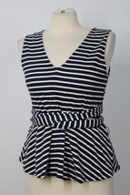 J Crew S Navy Blue White Stripe Tie Waist Peplum Tank Top H7755 - £20.80 GBP