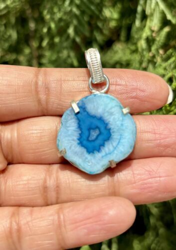 925 Sterling Silver Plated, Turquoise Blue Druzy Geode Agate Stone Penda... - $12.73