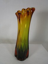 Japanese Green and Amber Swung Glass Finger Vase 8.25&quot; Tall Ribbed - £39.56 GBP