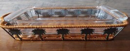 Libbey 3 Quart Rectangle Dish w/ Wicker Carrier Holder Metal Palm Trees ... - $37.07