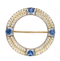 14k Yellow Gold and Platinum Montana Sapphire Seed Pearl Pin w/GIA Repor... - $1,084.05