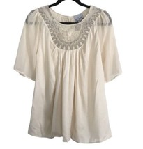 Anthropologie SAINS Womens Blouse Cream Embroidered Pleated Flutter Sleeve Small - £12.82 GBP