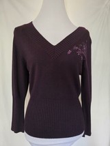 A Byer Purple V-neck Sweater Large Juniors 3/4 Sleeves Ribbon Embroidere... - £7.56 GBP