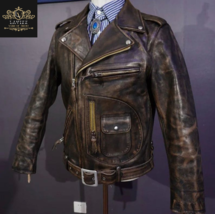 Cowhide Leather Jacket men Vintage Style Motorcycle Jacket distressed brown - £202.29 GBP