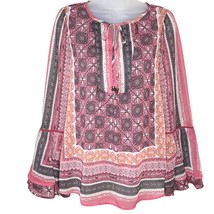 KNOX ROSE pink floral boho bell sleeve tie neck semi sheer blouse size xs - £17.05 GBP