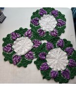 3 Matching Vintage Grape Cluster Doilies purple green white 13&quot; D Crocheted - £15.73 GBP