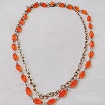 Vintage Orange Acrylic Bead Double Strand Chain Statement Necklace 30&quot; - £13.93 GBP