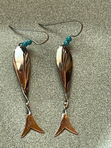 Long Two Tiny Turquoise Colored Beads w SIlvertone Fish w Twist Tail Dangle Earr - £9.02 GBP