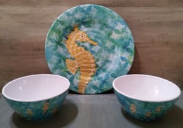 St. Croix Melamine Seahorse Dinner Plate 10.75&#39;&#39;and Bowl 3x6 4pc Set Blu... - $27.71