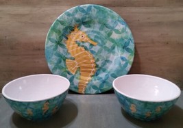 St. Croix Melamine Seahorse Dinner Plate 10.75&#39;&#39;and Bowl 3x6 4pc Set Blu... - £21.74 GBP