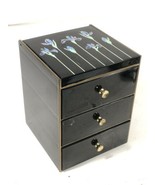Otagiri Japan Lacquerware Black 3 Drawer Blue Iris Jewelry Box Vanity Mi... - £30.08 GBP