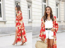 ZARA BOHO CORAL MAXI FLORAL PRINT KIMONO W/BUTTON +POCKETS SIZE S-M - $129.99