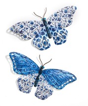Blue Butterfly Wall Plaque Set of 2 Metal Patterned 14" Long Wing Cut Outs