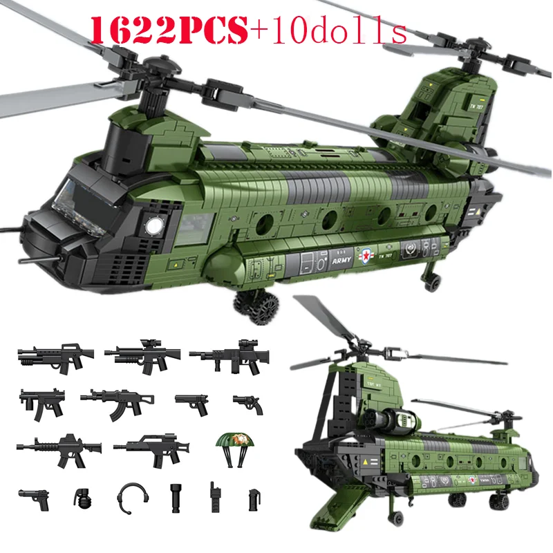 Military USA Chinook CH-47 Medium Transport Helicopter Building Blocks Weapon - £79.14 GBP+