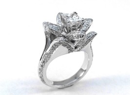 Lotus Engagement Ring 3.25Ct Princess Simulated Diamond 14K White Gold in Size 8 - £205.14 GBP