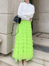 Neon Green Tiered Tulle Skirt Outfit Women Custom Plus Size Tulle Maxi Skirt