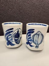 Set Of 2 Japanese Teacups Blue &amp; White Kanji Caligraphy 4” Mid-century Fish - £58.14 GBP