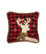 Christmas Reindeer Throw Pillow Red Black Buffalo Check 18x18&quot; Faux Fur ... - £30.17 GBP