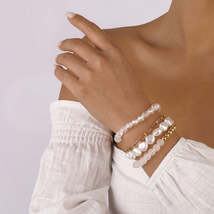 Pearl &amp; Quartz Acrylic 18K Gold-Plated Beaded Stretch Bracelet Set - £11.98 GBP