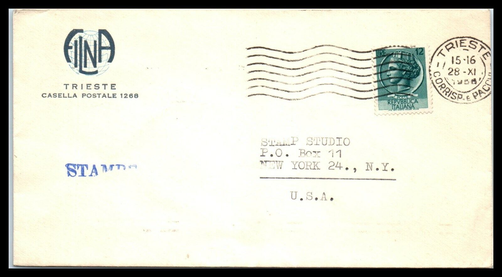 Primary image for 1956 ITALY Cover - Trieste to Stamp Studio, New York, NY USA Q11