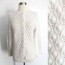 80s 90s white texture crochet knit button down cardigan sweater fits SMA... - $10.38