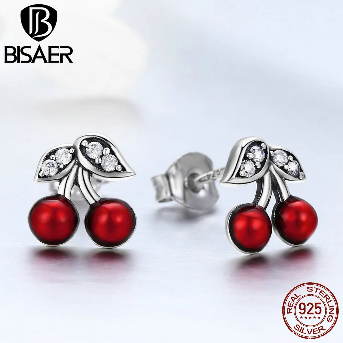 100% Bijoux 925 Sterling Silver Sweet Red Cherry Fruit Enamel Stud Earrings For  - £18.08 GBP