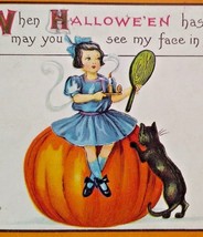 Halloween Postcard Child Hand Mirror Pumpkin Black Cat Kitten 63 A Stecher 1920 - £32.96 GBP