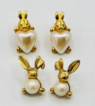Two Pair AVON Gold Tone Faux Pearl Jelly Belly Bunny Rabbit Earrings - $35.64