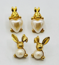 Two Pair AVON Gold Tone Faux Pearl Jelly Belly Bunny Rabbit Earrings - £28.66 GBP