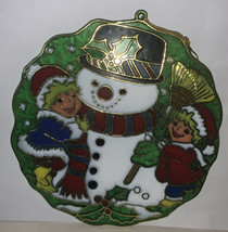 Vintage Christmas Ornament Suncatcher Stained Glass Style Kids Building Snowman - £7.90 GBP