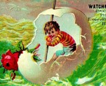 Victorian Trade Card Boy Riding In A Giant Cracked Egg Boat Waves Easter... - $25.69