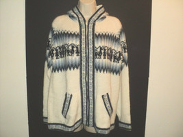 Monica&#39;s Collection Sweater Peruvian Alpaca Fashion Size M Hooded Cream &amp; Blue - £30.76 GBP