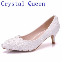 Crystal Queen White Beading Flowers High Heels Wedding Shoes 5CM Heels Bridal Pu - £37.38 GBP