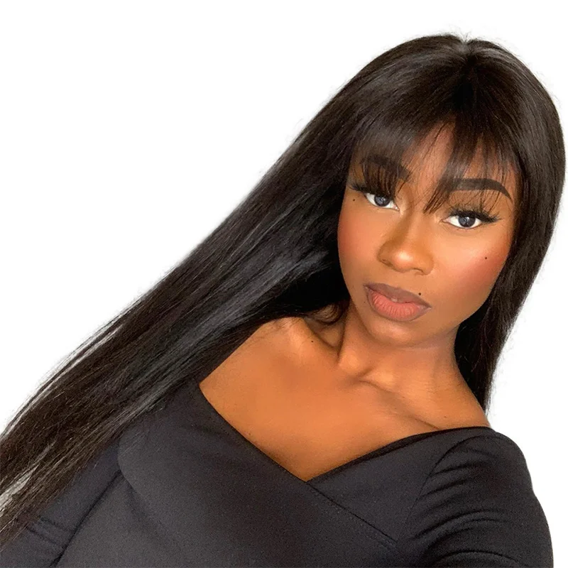 Straight Human Hair Wigs With Bangs Glueless 13x4 HD Lace Frontal Wigs Women - £72.33 GBP+