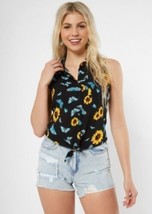 Rue 21 Women&#39;s Black Sunflower Butterfly Print Button Down Tie Front Tank LARGE - £9.88 GBP