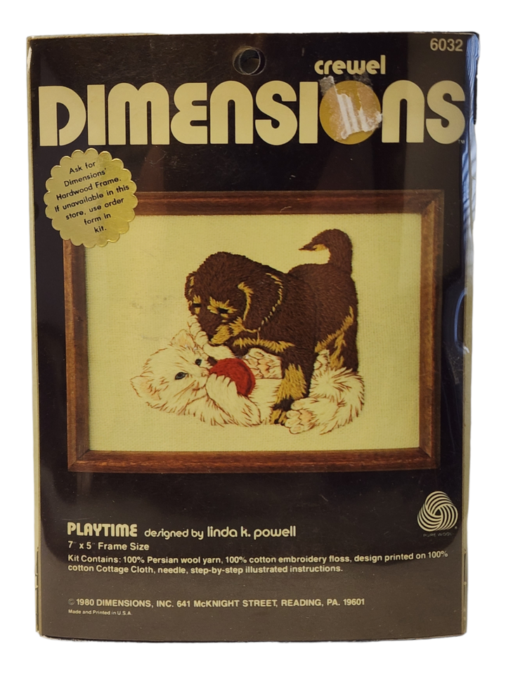 Vintage Dimensions #6032 "Playtime" Puppy and Kitten Crewel Kit NEW 1980 USA - £9.28 GBP