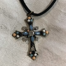 Black beaded religious  cross necklace - £5.87 GBP