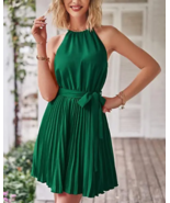 Solid Color Chiffon Halter Neck Tie Sleeveless Pleated Mini Dress - $56.95