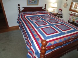 Hand Stitched &amp; Appliqued Geometric Swirl Patchwork Cotton Bed COVER--87&quot; X 107&quot; - £73.24 GBP