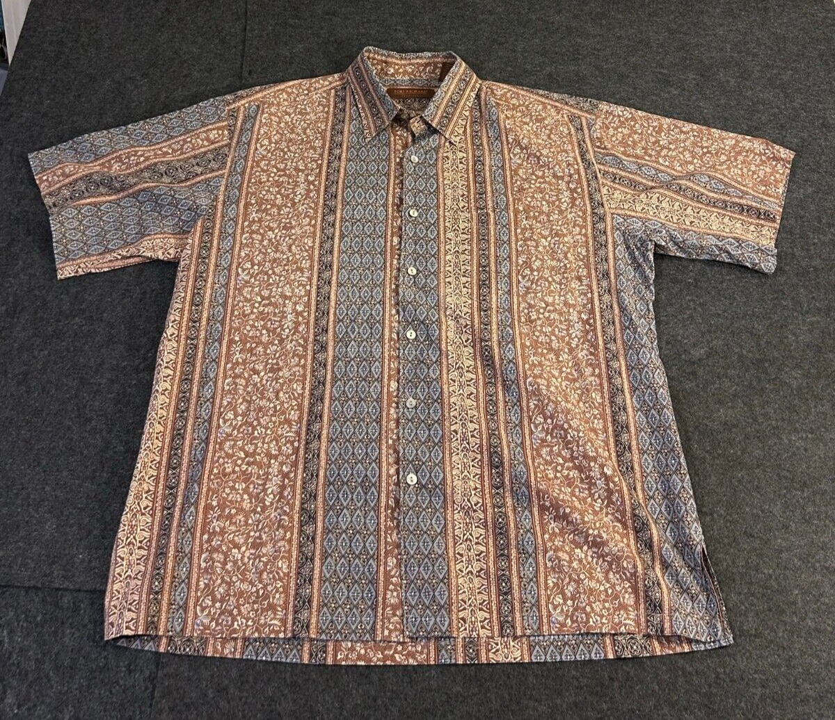 Primary image for Tori Richard Button Up Shirt Men's Large Brown Blue Hawaiian Made In USA