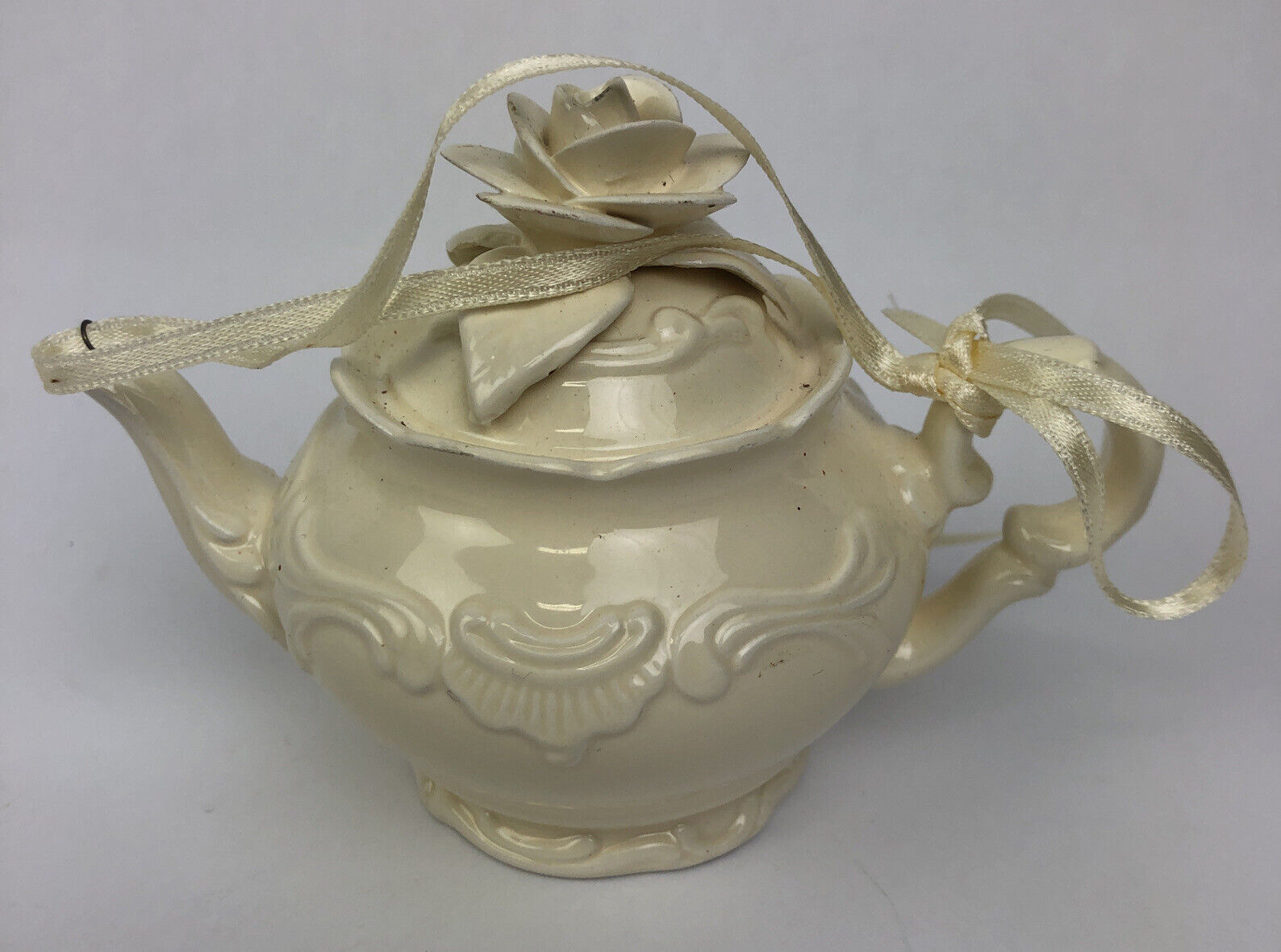 Primary image for VINTAGE 1998 Mud Pie Victorian Rose Ivory Porcelain Teapot Ornament - Rare Find