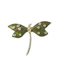Vintage Women&#39;s Brooch Pin Rhinestones Green Enamel Dragonfly Silver Tone - £15.73 GBP