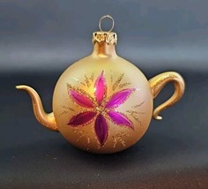 Vintage Hand Blown Teapot Gold Pink Poinsettia Flower Glitter Christmas Ornament - £23.18 GBP