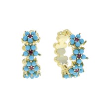 Blue Turquoises Hoop Flower Design Earring Circle Gem Stone Earrings Studs Gold  - £17.37 GBP