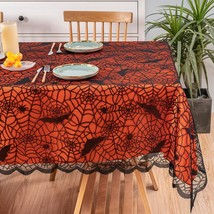 Halloween Tablecloth - Orange Table Cloth &amp; Black Lace With Bat Spider Decor Ove - $42.99